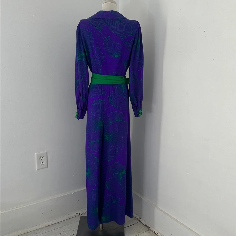 Vintage 70s Purple And Green Abstract Floral Bellbottom Jumpsuit With Belt - Picture 6 of 6